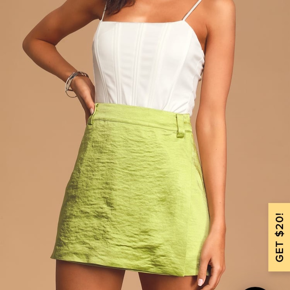 Lulus Lime Green Satin Wrap Mini Skirt